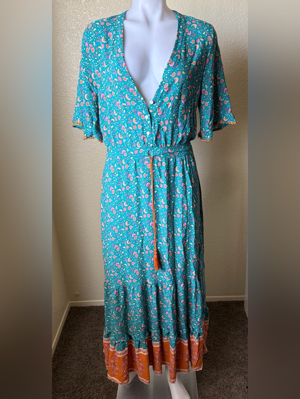 Luna Tuccini Teal Floral Maxi Dress with Orange Trim